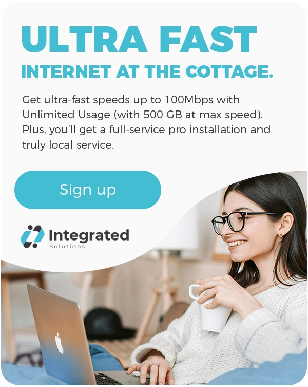 Ultra fast internet at the cottage ad with picture of a girl sipping tea on her lap top.