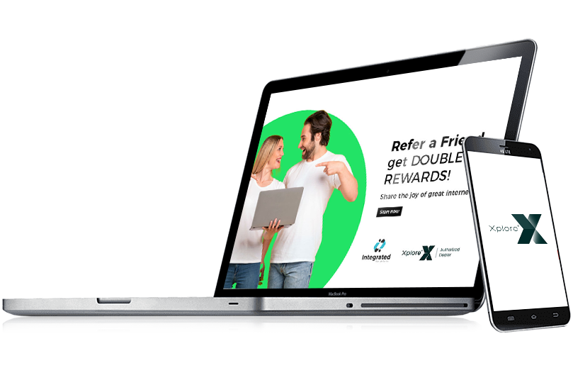 Xplore refer a friend deal on a laptop with a phone leaning on the laptop.